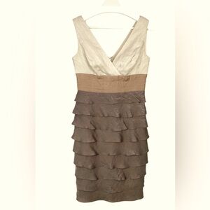 Adrianna Papell vintage shimmer ruffle Cream and Brown Layered cocktail Dress